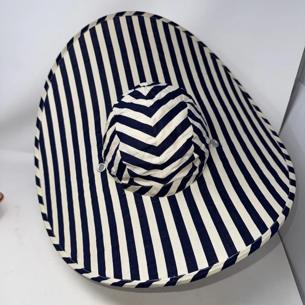 Vintage Wonderful Hat Women's Blue White Wide Brim Sun Beach Fold Up Pouch Read